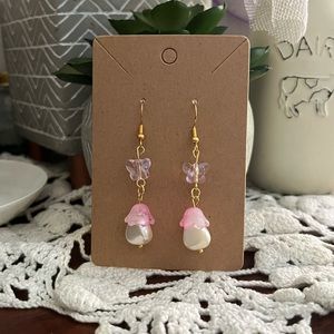 *3 for $20* Pearl Mushroom and Butterfly Dangly Earrings - Pink
